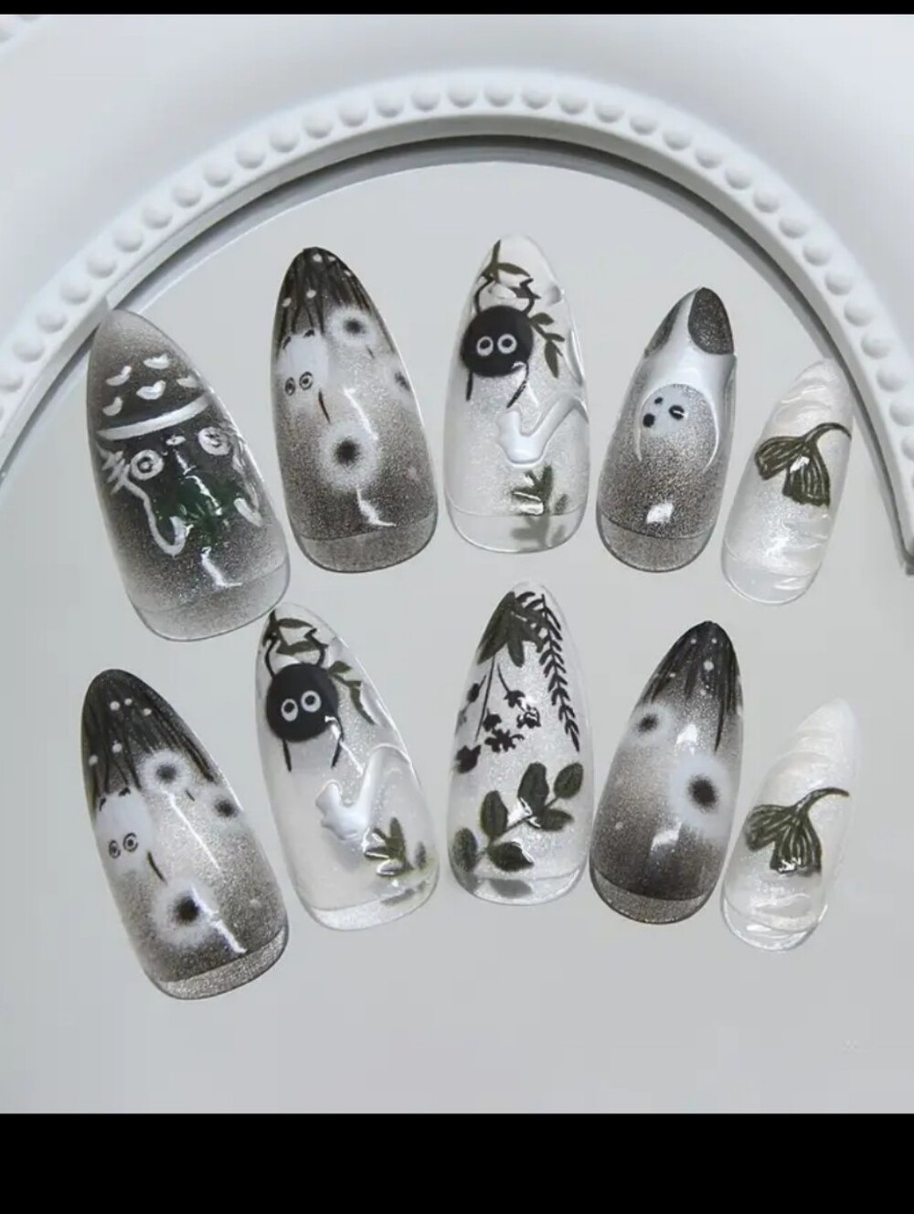 24pc Japanese Mori Style Hand Painted Cartoon Spirit Dandelion Clover Fake Nails